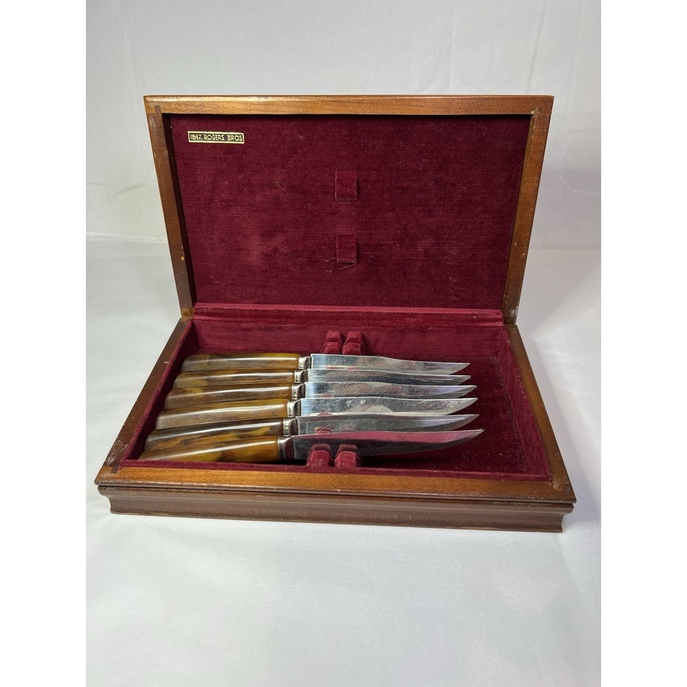 Vintage 1847 Roger's Bros Wood Display Case Box With 6 Nice Wood Handle Knives
